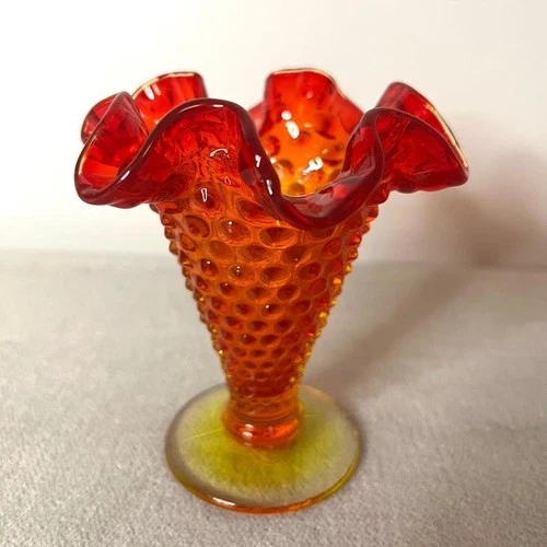 Fenton Art Glass Colonial Amberina Orange Vaseline Hobnail Double Crimped Horn V
