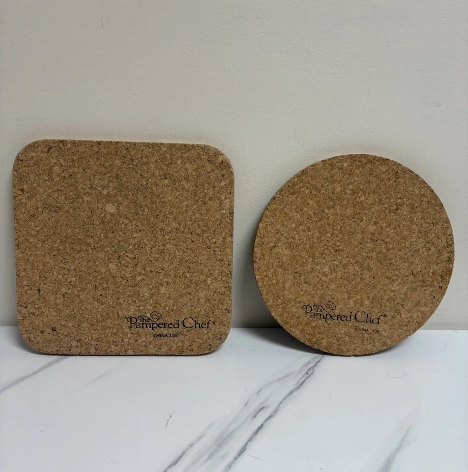 Pampered Chef Set of 2 Cork Trivets Heart Design Round & Square 7.5”  - Image 2 of 3