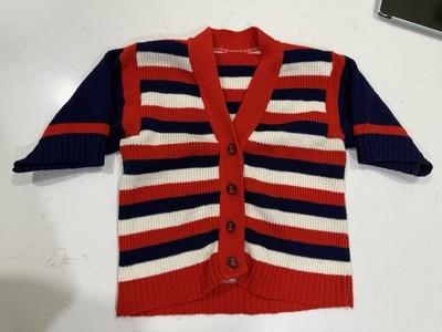 Vntg 1970s Striped Cropped Sweater Top Button Close Stretchy Red White Blue XS