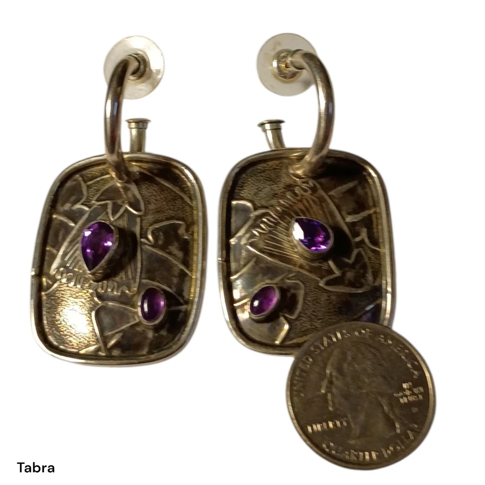 Atractivos pendientes cuadrados de aro de amatista de plata de ley Tabra retirados Foto 4 de 4