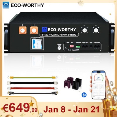 ECO-WORTHY 48V 100Ah Speicher Bluetooth LiFePO4 Stromspeicher Akku 5,12kWh
