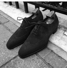 Handmade men fashion wingtip brogue black suede shoes, Men black dress shoes