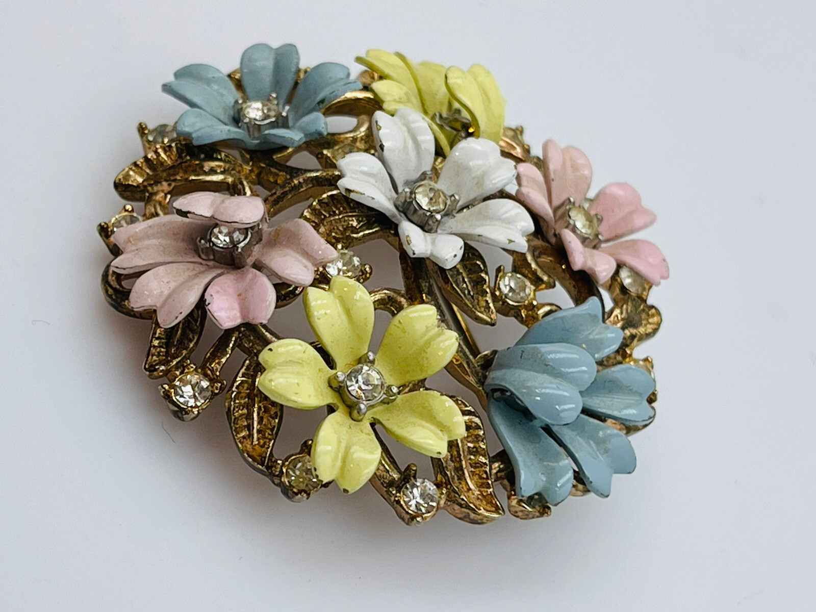 Rare Ensemble Broche Et Boucles D’oreilles Trifari – émail Bleu Et Strass – Vintage 1935-50