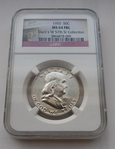 1955 NGC MS 64 FBL FRANKLIN SILVER HALF DOLLAR STACKS W 57TH ST COLLECTION LABEL