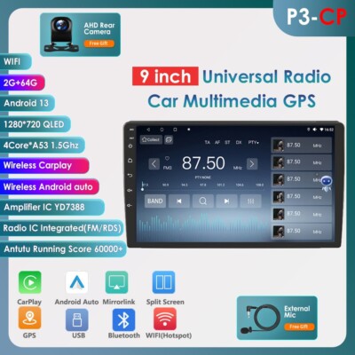 Android 13 Autoradio Bluetooth Carplay 2GB+64GB 9'' Dopple 2 Din GPS RDS USB KAM