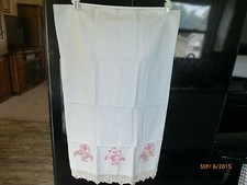 VINTAGE PILLOWCASE ~ COTTON ~ HAND CROCHET LACE TRIM PINK ECRU BASKETS  DESIGN