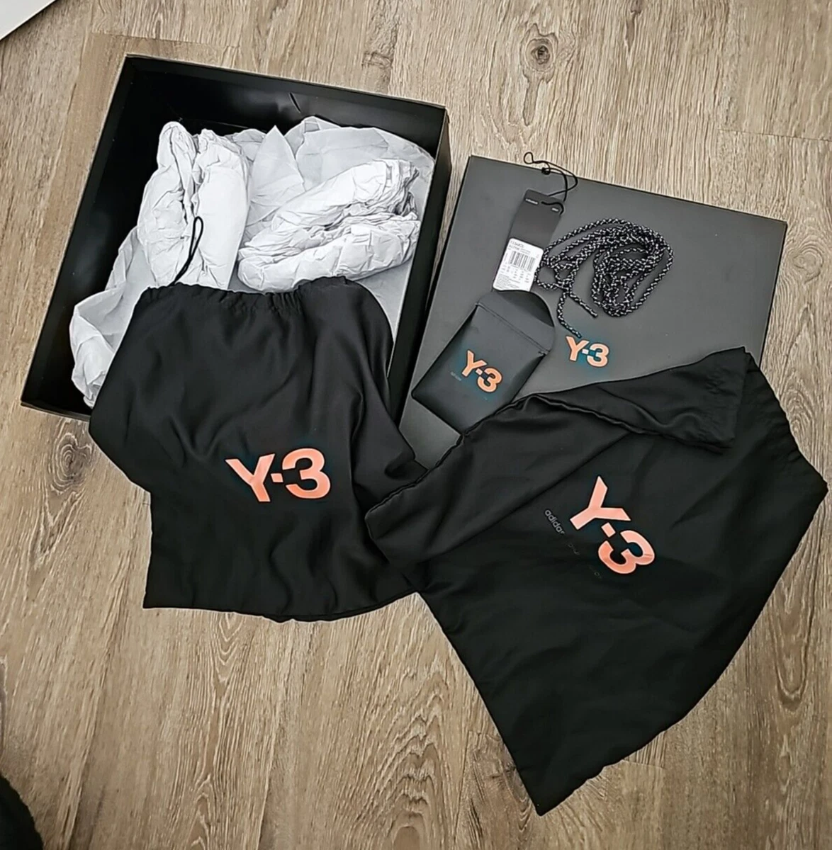 Adidas Y3 dust bags Y3 laces Y3 box and packaging Y3 trainers Box No trainers