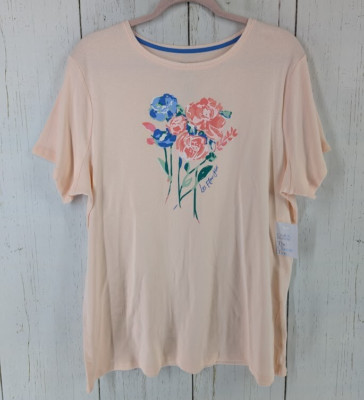 Croft Barrow Size XL The Classic Tee Peach Floral Graphic Short Sleeve Top NWT