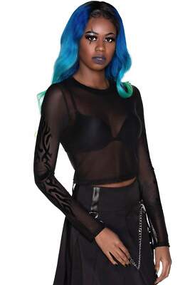 Killstar Gothic Goth Langarm Crop Top T-Shirt - Millenium Mesh Tribal