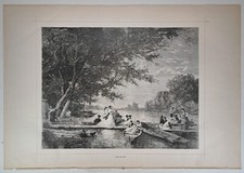 1871 Victorian Art Engraving, The Picnic at the Lake w Dock Canoes Long Dresses