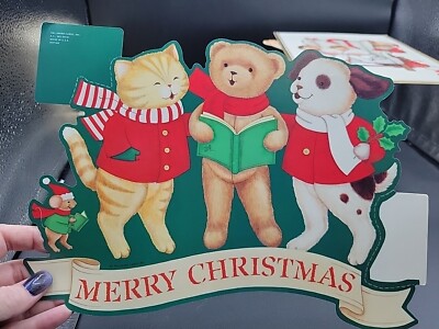 Hallmark Diecut Animals Caroling Cat Bear Dog Mouse Usa 2 Sided Merry Christmas 
