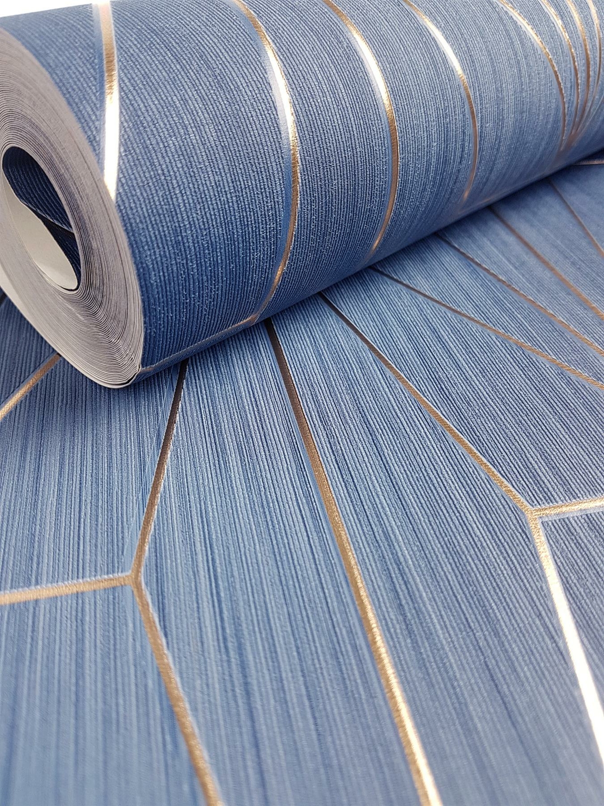 Muriva Kayla Blue Bronze Metallic Geometric Wallpaper Triangles Vinyl