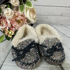 J CREW Crewcuts Glitter Moccasin Slippers Shearling Lined K13 Kids 13
