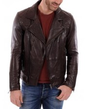 Motorcycle Men Leather Biker Genuine Lambskin Brown Bomber Jacket XS-2XL FB77