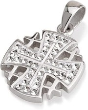 Ciondolo croce di Gerusalemme pietre preziose swarovski bianche argento sterl...