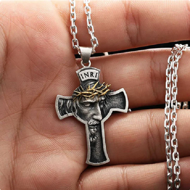 JESUS FACE HEAD CROSS BLACK GOLD THORN PRAY Pendant GERMAN Silver