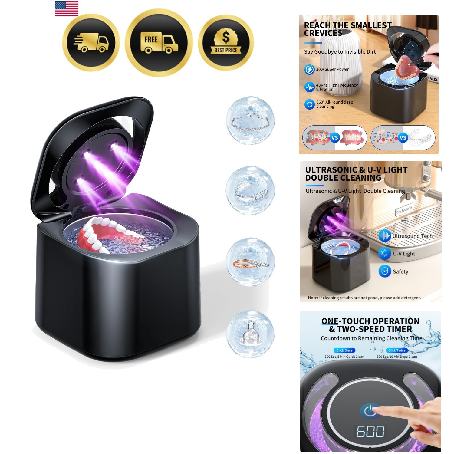 Ultrasonic Retainer Cleaner Machine 48kHz Dental Jewelry Cleaning Pod