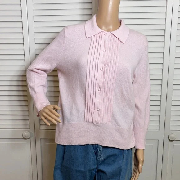 Brooks Brothers Pink Women's Cashmere Collared & Pleated Sweater Large