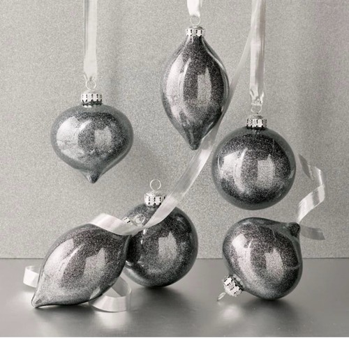 FRONTGATE Gunmetal Silver-Glitter Flecked Mouth Blown Glass Ornaments Set Of 12 - Picture 1 of 16