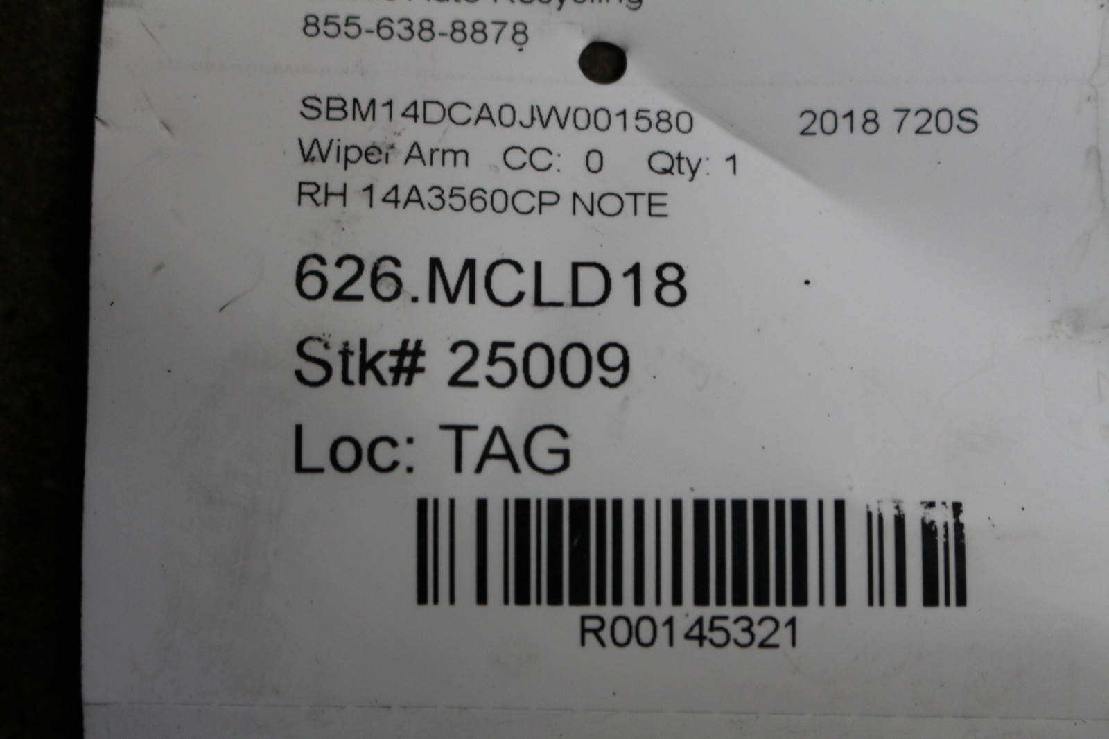 McLaren 720S, RH, Right, Wiper Arm, Fire Dmg, Used, P/N 14A3560CP