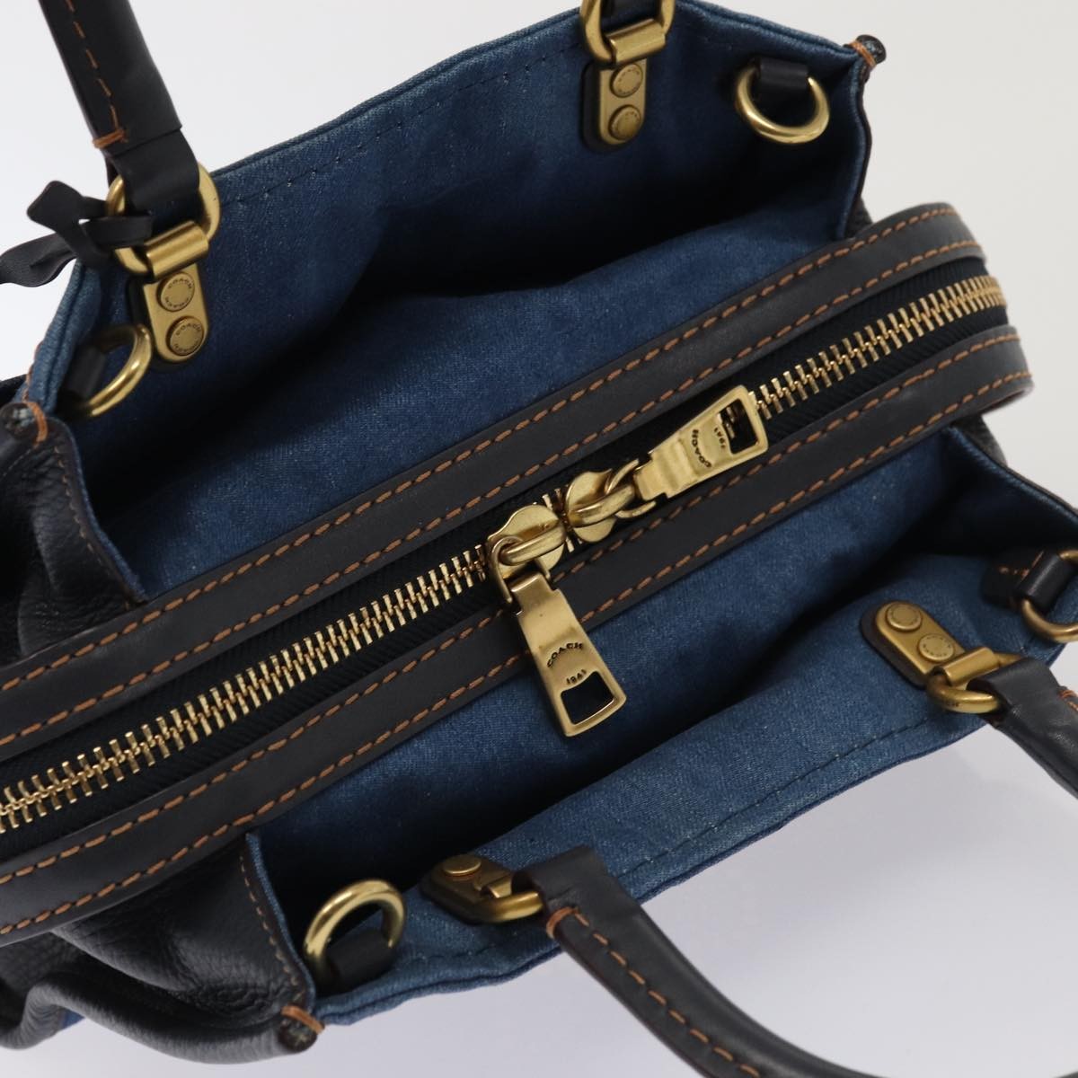 Coach Tea Rose Rogue 25 Hand Bag Denim 2way Blue Gold Auth