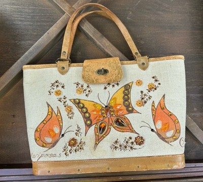 Enid Collins Butterfly Leather Wood Handbag Vintage