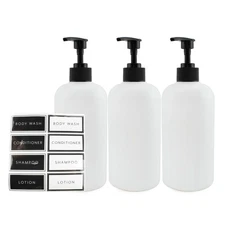 White Plastic Shower Pump Bottles Set of 3; 16oz for Shampoo, Body Wash, etc