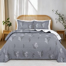 Floral Quilt King Size Grey Botanical Quilt Bedding Set 3 Piece Reversible Be...