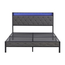 Full Bed Frame with Storage Headboard Charging Station LED Lights Bedroom NEW