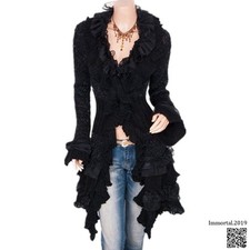 Women Knit Sweater Ruffle Lace Trim Long Jacket Jumper Cardigan Coat Punk Gothic