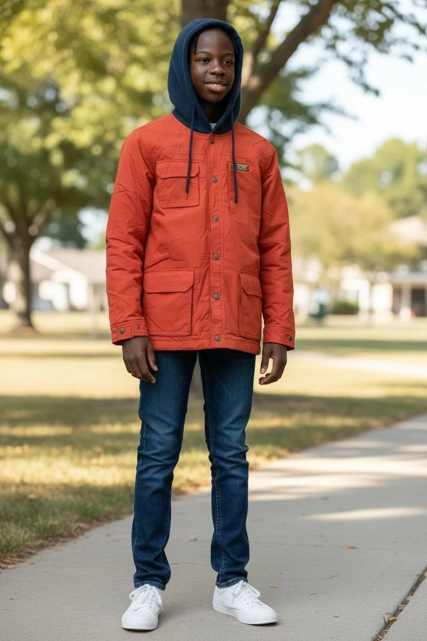 L.L. Bean Kids XL 18 Hooded Jacket Fleece Lining Orange Navy Bomber Jacket Coat