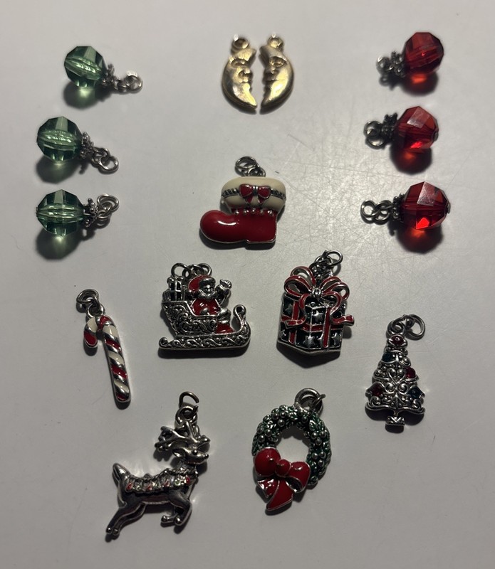 Group Of Seven Enameled Christmas Charms, Six Decorative Plastic Charms