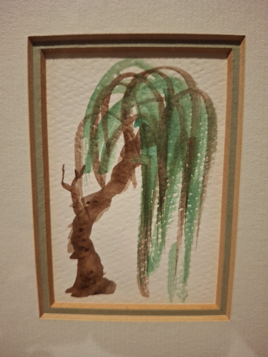 Small Framed Watercolor Art Brown Green Weeping Willow Tree 6x7 Inches