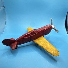 Vintage Cast Iron Toy Airplane Red Yellow Propeller Plane Boys Girls 17