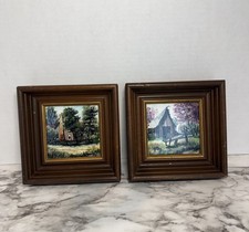 Set Of 2 Vintage Clyde E Gray Hand Painted Framed Ceramic Tile Art Texas 1970's