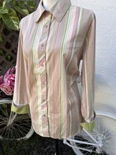 CATO Women's Button Up Blouse Size 14/16W Pink Striped Collared LS Flip Cuff
