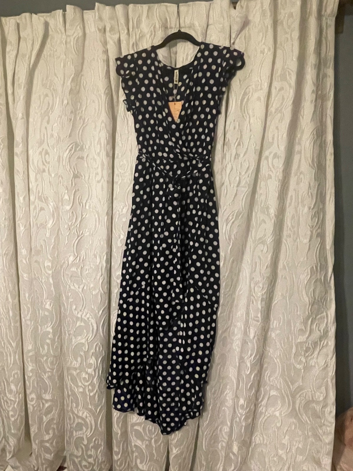 grecerelle dress navy blue/white polkadot high low hem sz Medium tie belt NWT