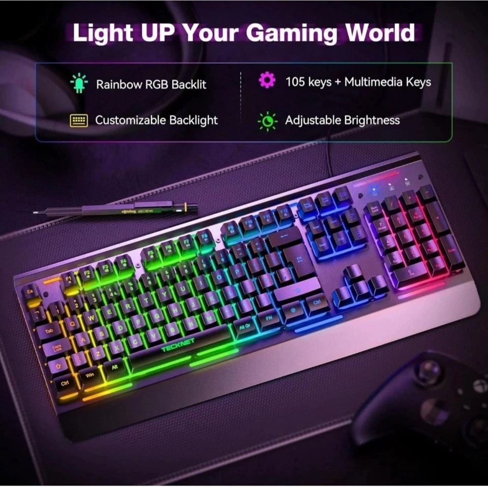 TECKNET TK-KB002 Gaming Keyboard USB Wired 15 Zone RBG All Metal Panel Open Box  - Image 4 of 4