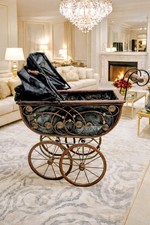 Antique Victorian Doll Baby Carriage Stroller Buggy Pram, Wood Body  Wheels