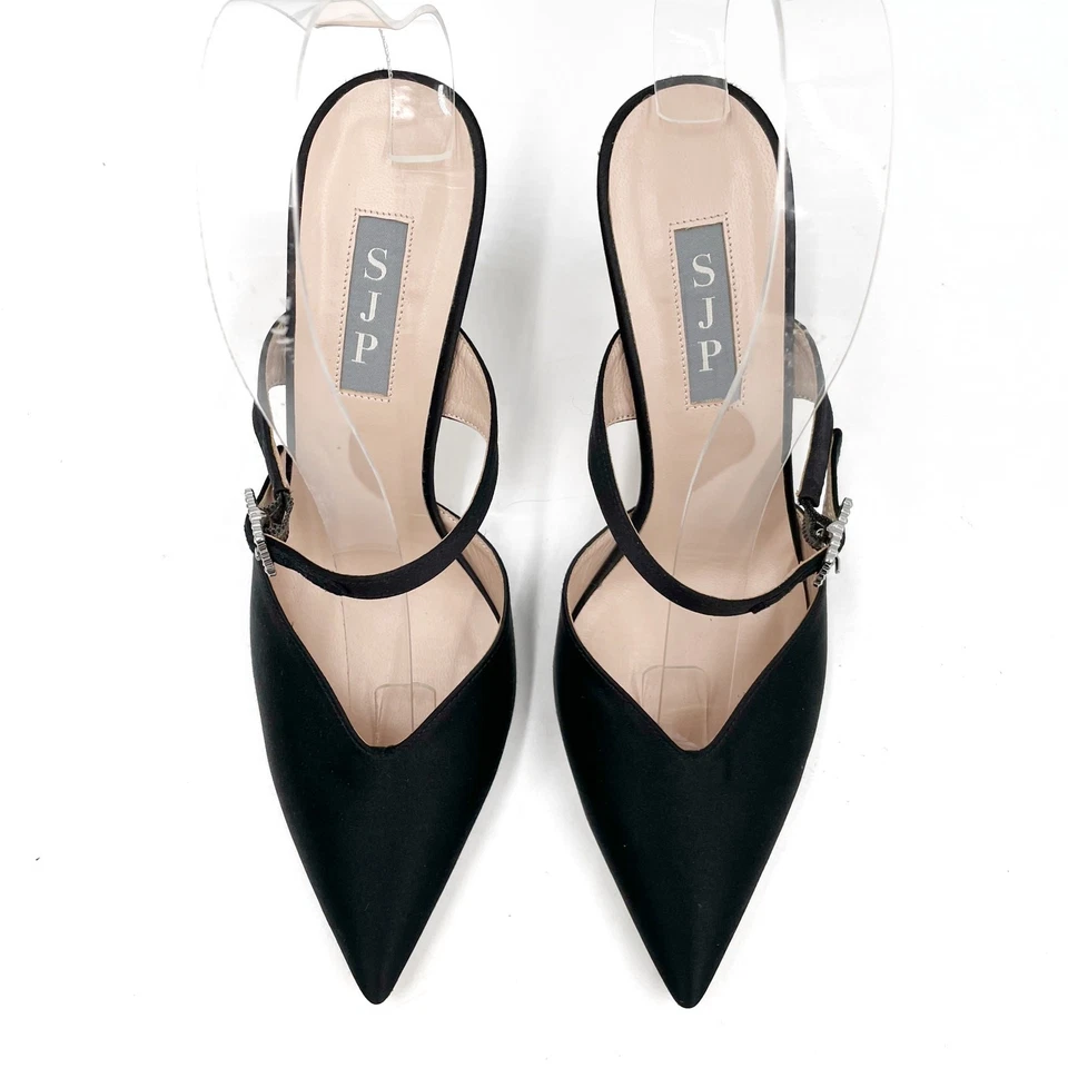 SJP Sarah Jessica Parker Gigi Mules Black Satin Crystal Buckle Pointed Sz 37 / 7 - Image 4 of 4