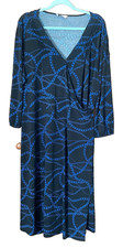 Agenda Plus Size 28 Black Blue Chain Print Stretchy Jersey Wrap 46in Midi DRESS
