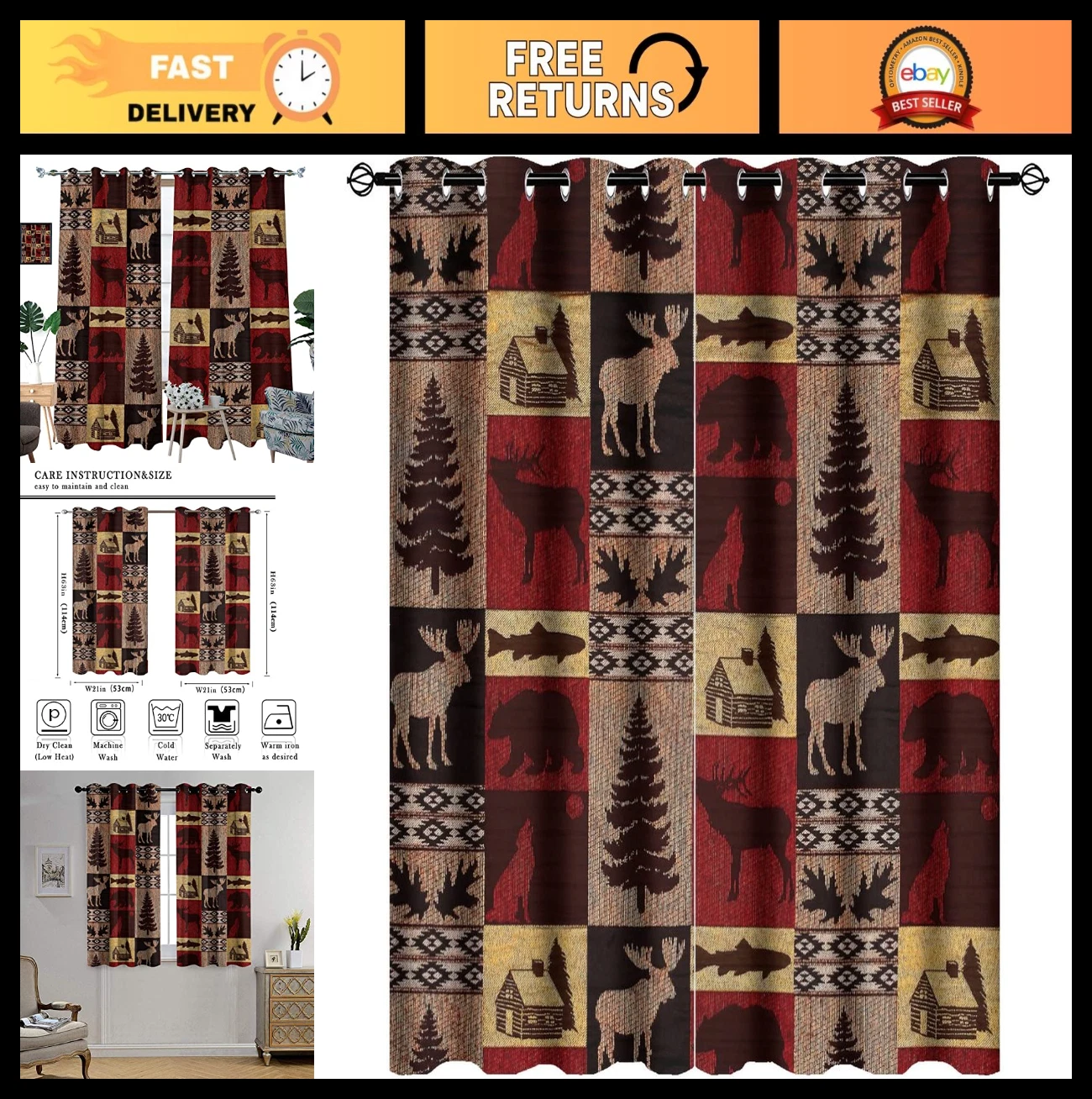Rustic Cabin Curtains - Vintage Farmhouse Moose Bear Elk Plaid Blackout Panels 4