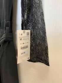 NWT ZARA Black Lace Contrast Ruffled Tie Waist Wide Leg Cropped Jumpsuit, MEDIUM