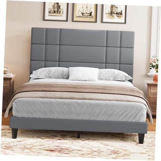 Queen Size Bed Frame Linen Fabric Upholstered Platform with Headboard and