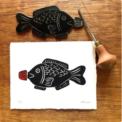 Soja Fisch Original Handarbeit Linolschnitt Druck Kunst | Blockdruck Kunst | Fisch Wandbild