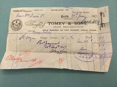 U.K. Perth Tomey & Sons Glass Manufacturers  Eureka Gauge 1907  Receipt R42654