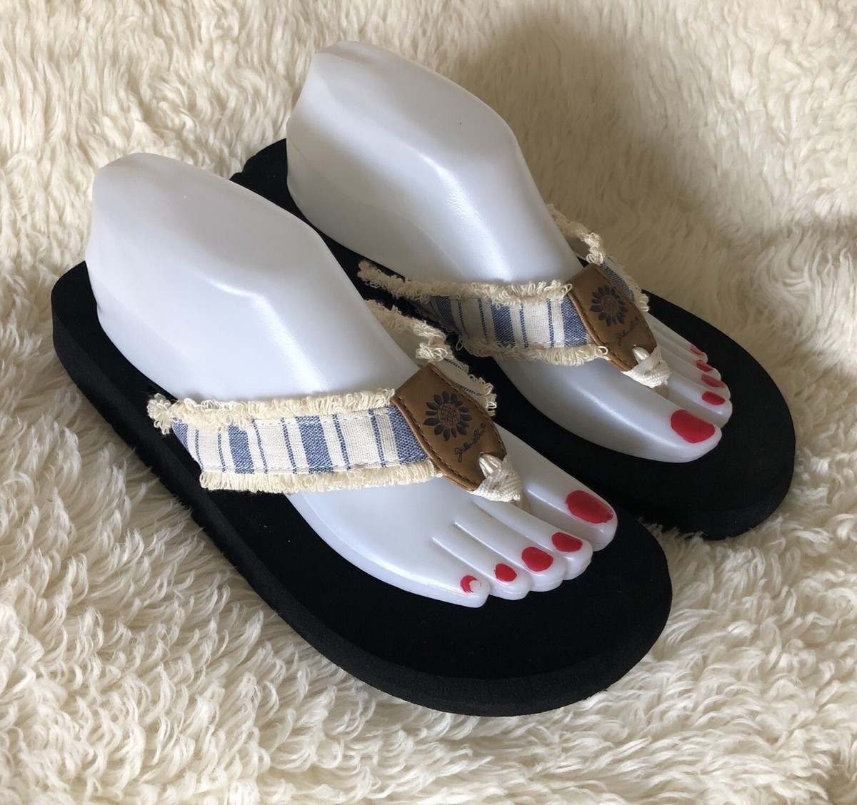 New YELLOW BOX Fianni Flip Flop Blue White Stripe Raw Edge Women’s Size 11