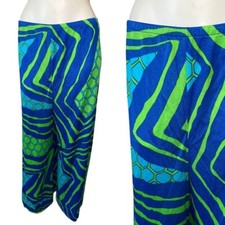 Vtg 70s Kamehameha Blue Green Abstract Geometric Hawaiian Pants Wide Leg Large