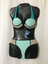 WOMEN'S STRETCH BIKINI 2 pc Swimsuit Medium/Large Waist 32" Turquoise Beige