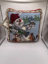 Vintage C&F Enterprises Woodland Snowman Wollen Needlepoint Pillow 9x9”